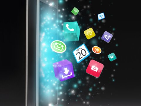 Graphic of mobile phone with apps cascading from it